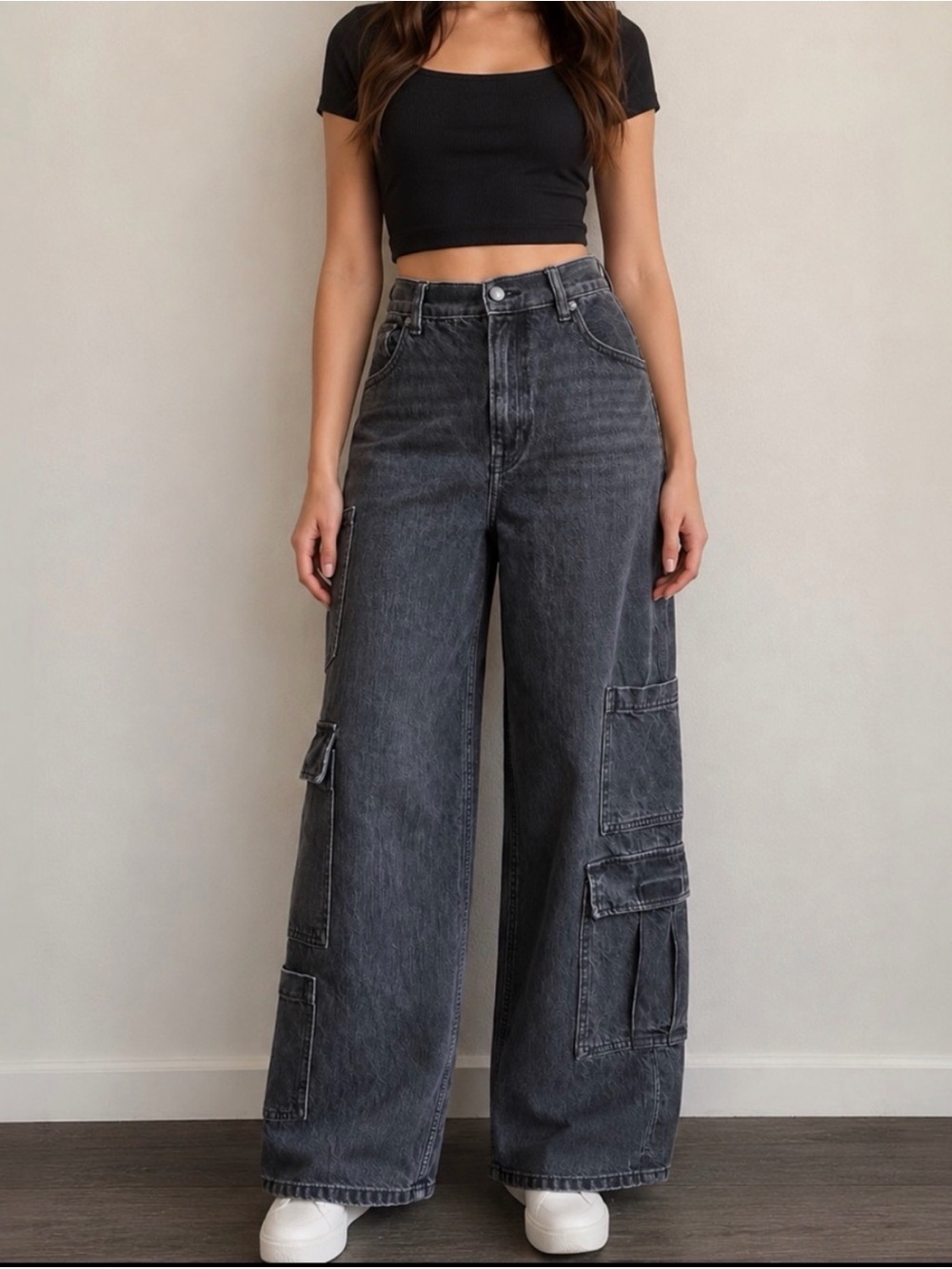American Eagle Wide Leg Cargo Jeans Black 6 X-Long